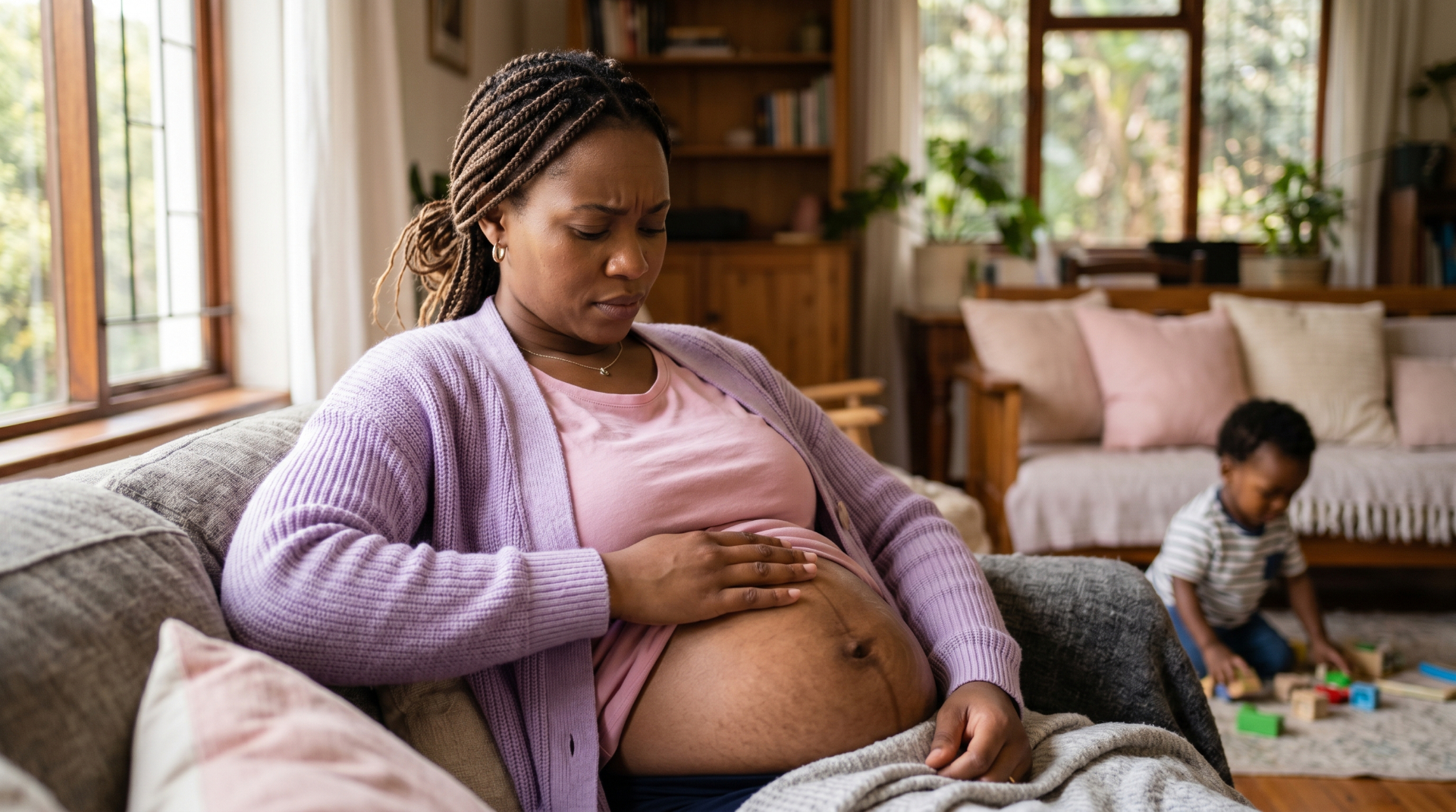 A mother gently touching her postpartum belly at home