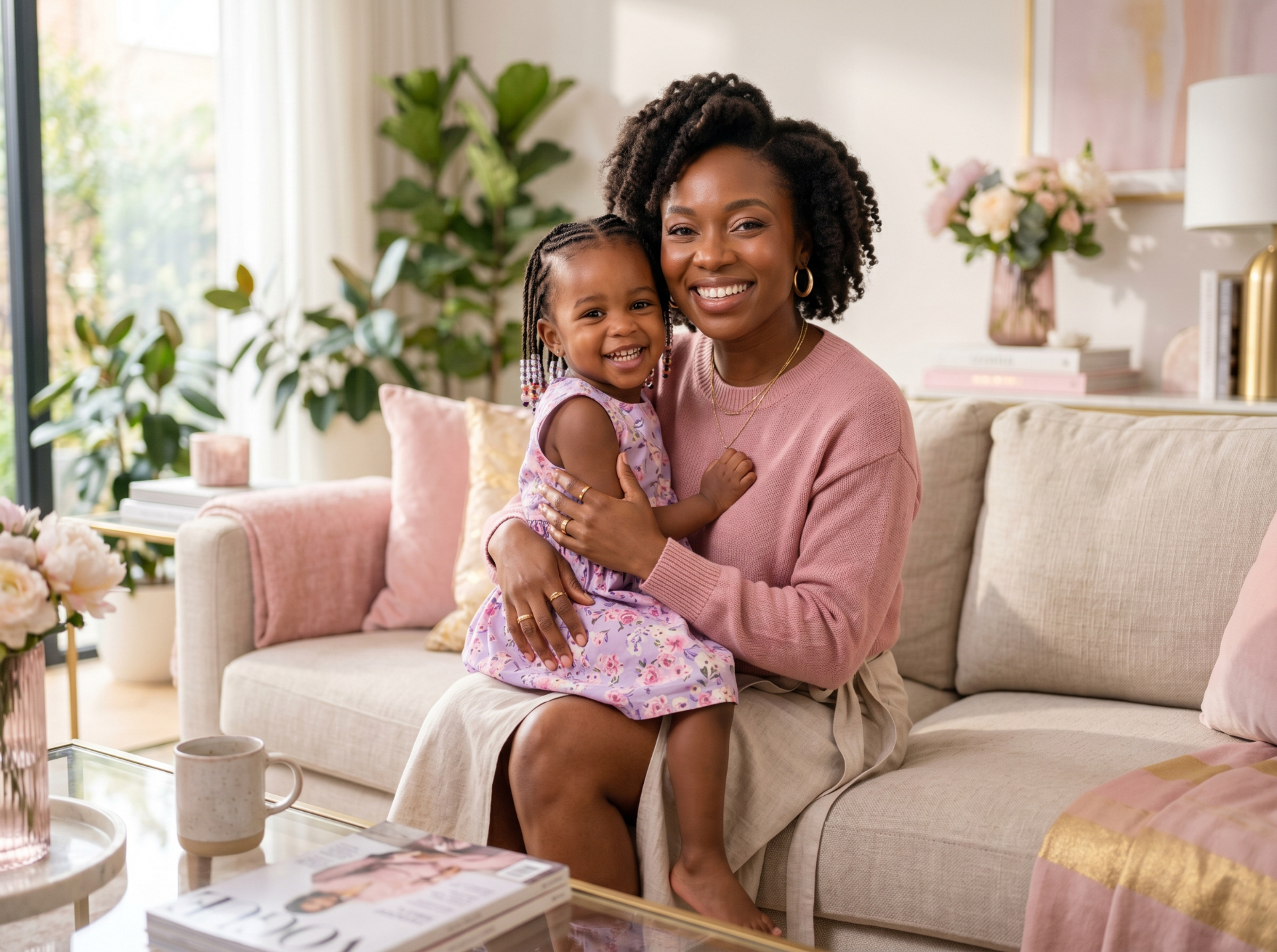 A confident African mother smiling while holding her young daughter on a cozy couch