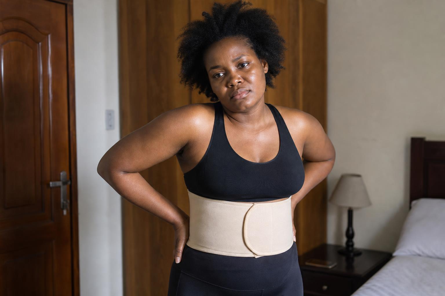 A mother wearing a waist trainer looking frustrated despite her effort